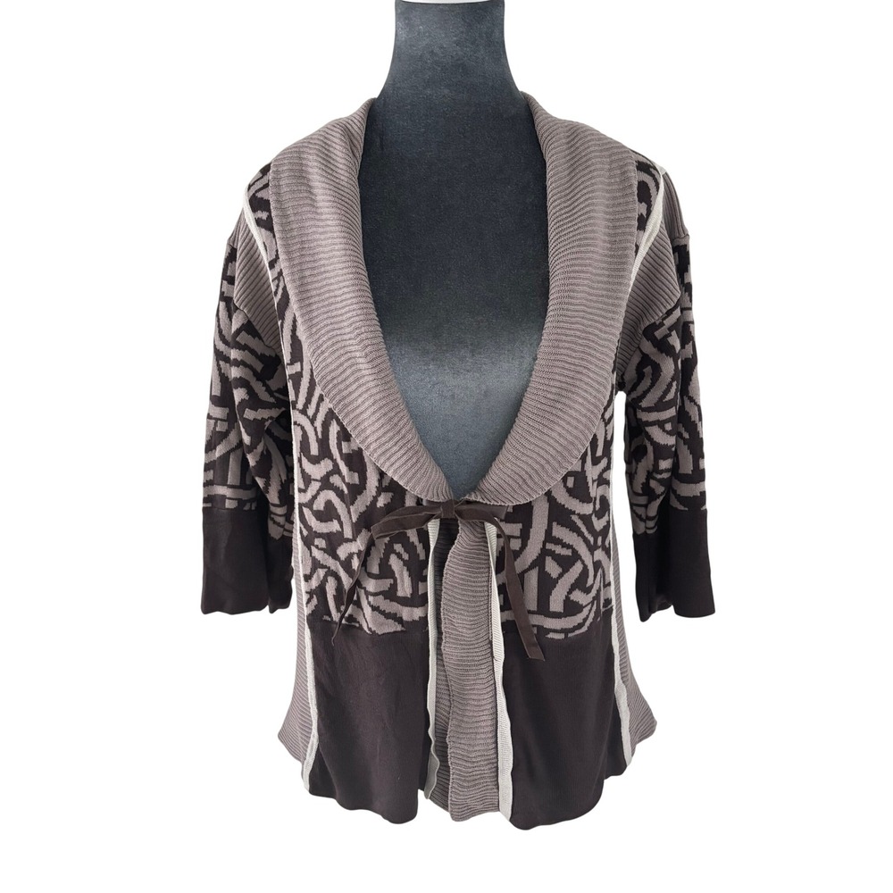 Lia Molly Brown Boho Chic Artistic Geometric‎ Shawl Collar Tie Front Cardigan L
